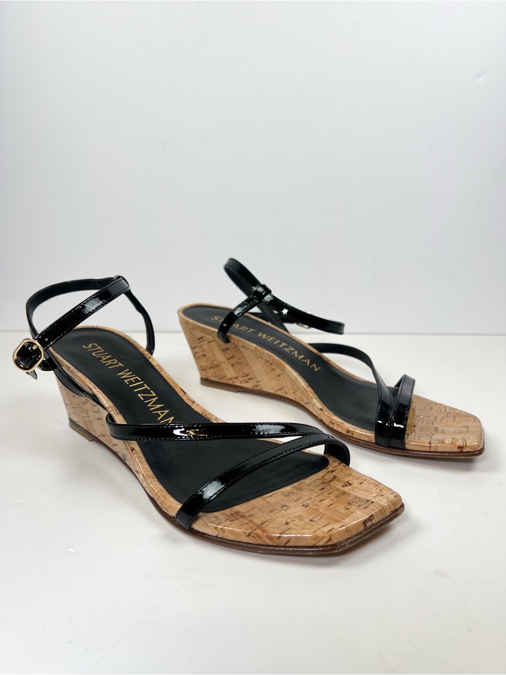 Stuart Weitzman Oasis 50 Wedge Sandal Black Patent Leather Cork size 6.5B